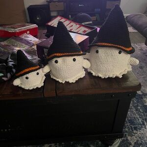 Crocheted Ghost Trio with Witch Hats